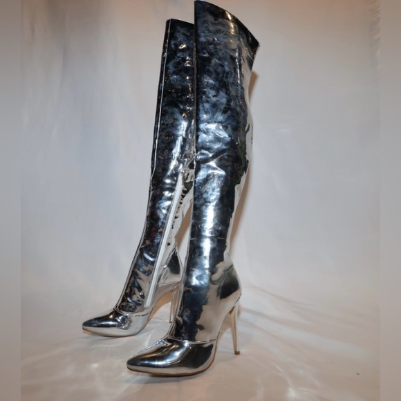 New FSJ Silver Metallic Pointed Toe Over The Knee Stiletto Boots Size 8 - Picture 5 of 11